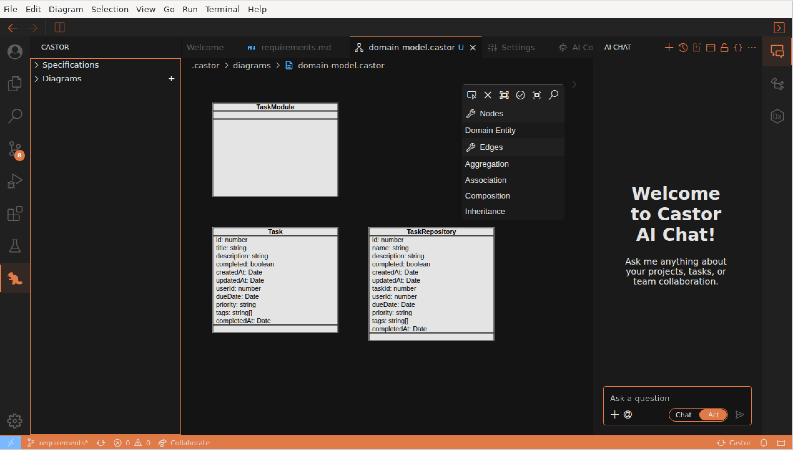 Diagram Editor interface showing canvas, palette, and properties panel